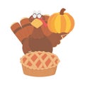 Happy thanksgiving day turkey holding pumpkin and pie