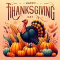 Happy Thanksgiving Day typography creative card. turkey bird with pumpkins and corn Thanksgiving design