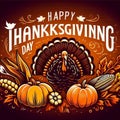 Happy Thanksgiving Day typography. turkey bird with pumpkins and corn Thanksgiving design