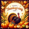 Happy Thanksgiving Day typography. turkey bird with pumpkins and corn Thanksgiving design use for prints Royalty Free Stock Photo