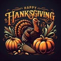 Happy Thanksgiving Day typography. turkey bird with pumpkins and corn Thanksgiving design Royalty Free Stock Photo