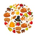 Happy Thanksgiving Day. Vector banner with traditional table plenty of food, roasted turkey, cornucopia with pumpkins Royalty Free Stock Photo