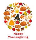 Happy Thanksgiving Day. Vector banner with traditional table plenty of food, roasted turkey, cornucopia with pumpkins Royalty Free Stock Photo