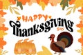 Happy Thanksgiving day vector Border with autumn leaves and Turkey hen, corn, Pumpkin. Thanksgiving festival banner, poster, greet Royalty Free Stock Photo