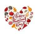 Happy Thanksgiving Day vector calligraphic lettering text with frame of autumn wreath in form of heart love with orange Royalty Free Stock Photo