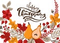 Happy Thanksgiving Day vector calligraphy lettering text. Cute fall autumn greeting card with leaves, berries and pears Royalty Free Stock Photo