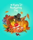 Happy Thanksgiving day. Vector greeting card with autumn fruit, vegetables, pumpkin, leaves and flowers. Harvest festival Royalty Free Stock Photo