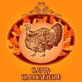 Happy Thanksgiving day. Vintage hand drawn vector illustration with turkey and autumn leaves.