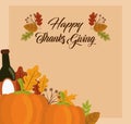 Happy thanksgiving day, wine bottle pumpkins and autumnal foliage card