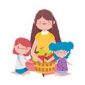 Happy thanksgiving day woman and kids with basket filled fruits