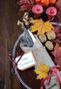 Happy Thanksgiving dining table place setting in traditional rustic country style