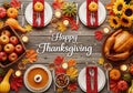 Happy Thanksgiving Dinner Table Setting with Roasted Turkey, Pumpkin Pie, and Autumn Decor Royalty Free Stock Photo