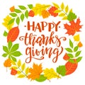 Happy Thanksgivin, frame with maple and oak  autumn  leaves, hand written lettering, vector illustration Royalty Free Stock Photo