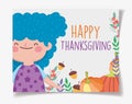 Happy thanksgiving family, cute little girl with pumpkins and acorns