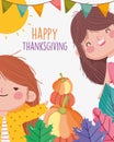 Happy thanksgiving family, smiling girls with pumpkins leaves garland celebration