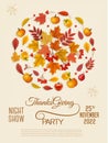 Happy Thanksgiving Flyer with colorful leaves, pumpkins and fresh fruit
