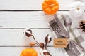 Happy Thanksgiving gift tag with silverware, check print napkin, pumpkins and decor over a white wood background Royalty Free Stock Photo