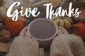 Happy Thanksgiving! Give thanks text and hands in sweater holding warm cup of tea with stylish pumpkins and fall leaves. Season