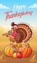 Happy thanksgiving. Greeting card. Cool singing cartoon turkey in sunglasses with microphone standing on the pumpkins