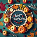 Happy Thanksgiving Greeting Card, 3D Realistic Round Wreath of autumn maple leaves, rowan berries, pumpkin Royalty Free Stock Photo