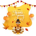 Happy Thanksgiving greeting card design decorated with hanging pumpkins, autumn leaves and turkey bird. Royalty Free Stock Photo