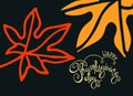 Happy Thanksgiving greeting card. Hand lettering decorated with maple leaves on black background