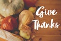 Happy Thanksgiving greeting card. Hand written Give Thanks text on background of pumpkins, autumn leaves, nuts, harvest vegetables Royalty Free Stock Photo