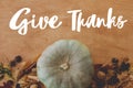 Happy Thanksgiving greeting card. Hand written Give Thanks text on background of pumpkins, autumn leaves, nuts, harvest vegetables Royalty Free Stock Photo