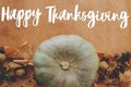 Happy Thanksgiving greeting card. Hand written Happy Thanksgiving text on background of pumpkins, autumn leaves, nuts, harvest Royalty Free Stock Photo