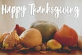 Happy Thanksgiving greeting card. Hand written Happy Thanksgiving text on background of pumpkins, autumn leaves, nuts, harvest Royalty Free Stock Photo