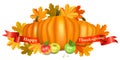 Happy Thanksgiving greeting card. Pumpkins, apples