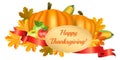 Happy Thanksgiving greeting card. Pumpkins, corn, apples Royalty Free Stock Photo