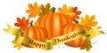 Happy Thanksgiving greeting card. Pumpkins and maple leaves on w
