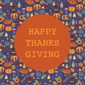 Happy Thanksgiving greeting card template. Vector illustration of pumpkins, hats, sunflowers, turkey, hedgehog, wine