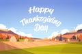 Happy thanksgiving greeting card text lettering autumn fall landscape fields background festival lettering poster