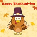 Happy Thanksgiving Greeting With Cute Pilgrim Turkey Bird Cartoon Character Waving Royalty Free Stock Photo