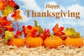 Happy Thanksgiving greeting with orange pumpkins with fall leaves on straw hay Royalty Free Stock Photo