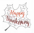 `Happy Thanksgiving` hand lettering inscription in orange and brown in a leaf doodle, seasonal for those who celebrate Thanksgivin Royalty Free Stock Photo