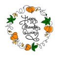 Happy Thanksgiving hand lettering inside a wreath of pumpkins and leaves on white background Royalty Free Stock Photo