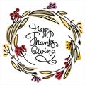 Happy Thanksgiving hand lettering inside a wreath on white background