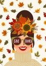 Happy Thanksgiving illustration. Cute lady in wreath and glasses. Vector design for card, poster, flyer, web and other
