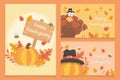 Happy thanksgiving inscription turkey pumpkins pilgrim hat leaves celebration Royalty Free Stock Photo
