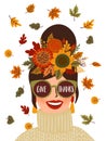 Happy Thanksgiving isolated illustration. Cute lady in wreath and glasses. Vector design for card, poster, flyer, web