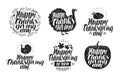 Happy Thanksgiving, label set. Holiday icons or symbols. Lettering, vector illustration Royalty Free Stock Photo
