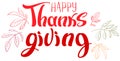 Happy thanksgiving lettering text for greeting card. Handwritten ornate calligraphy text and red autumn leaves outline