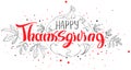 Happy thanksgiving lettering text template greeting card. Pumpkin silhouette and autumn leaves