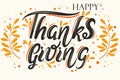 Happy Thanksgiving lettering, vector. Postcard with congratulations. The inscription, decorated with orange autumn