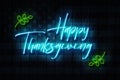 Happy Thanksgiving neon sign on a Dark Wooden Wall with the Stars and Stripes 3D illustration Royalty Free Stock Photo
