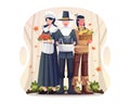 Happy Thanksgiving People in pilgrim and native costumes holding a roasted turkey and serving dishes for the Thanksgiving holiday Royalty Free Stock Photo