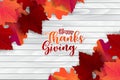 Happy Thanksgiving poster.  Background with red and orange maple fall leaves on wooden board. American traditional november holida Royalty Free Stock Photo